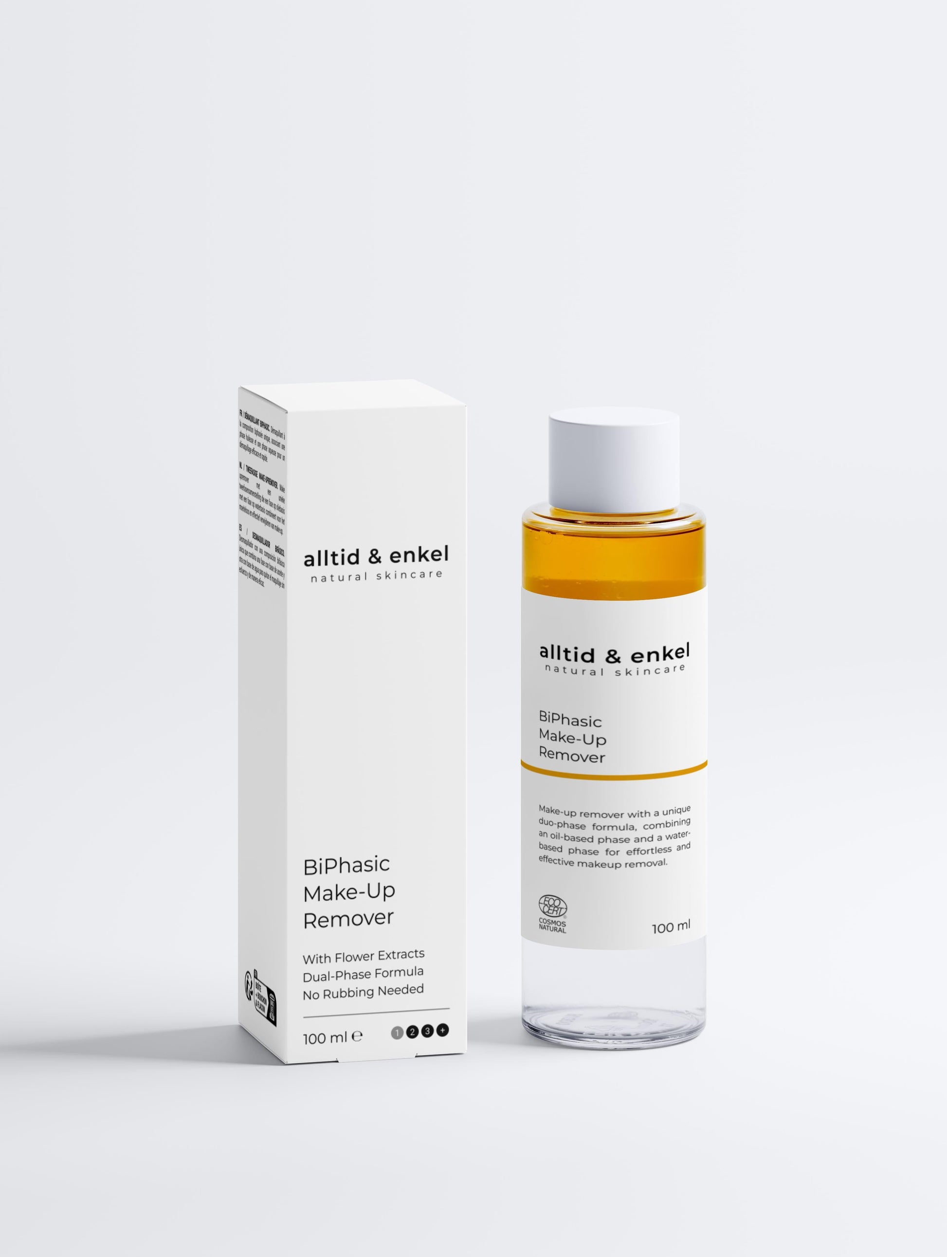 BiPhasic micelar make-up remover in a sleek white bottle with box on a white background, 100 ml.