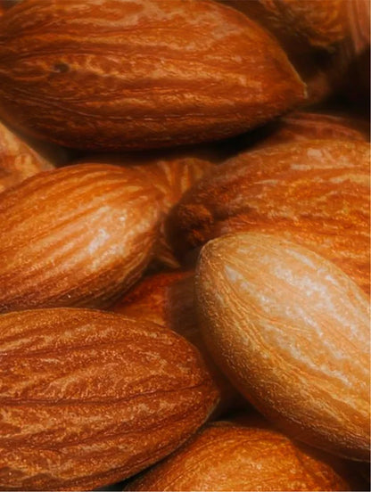 Close-up of almonds with a brown background