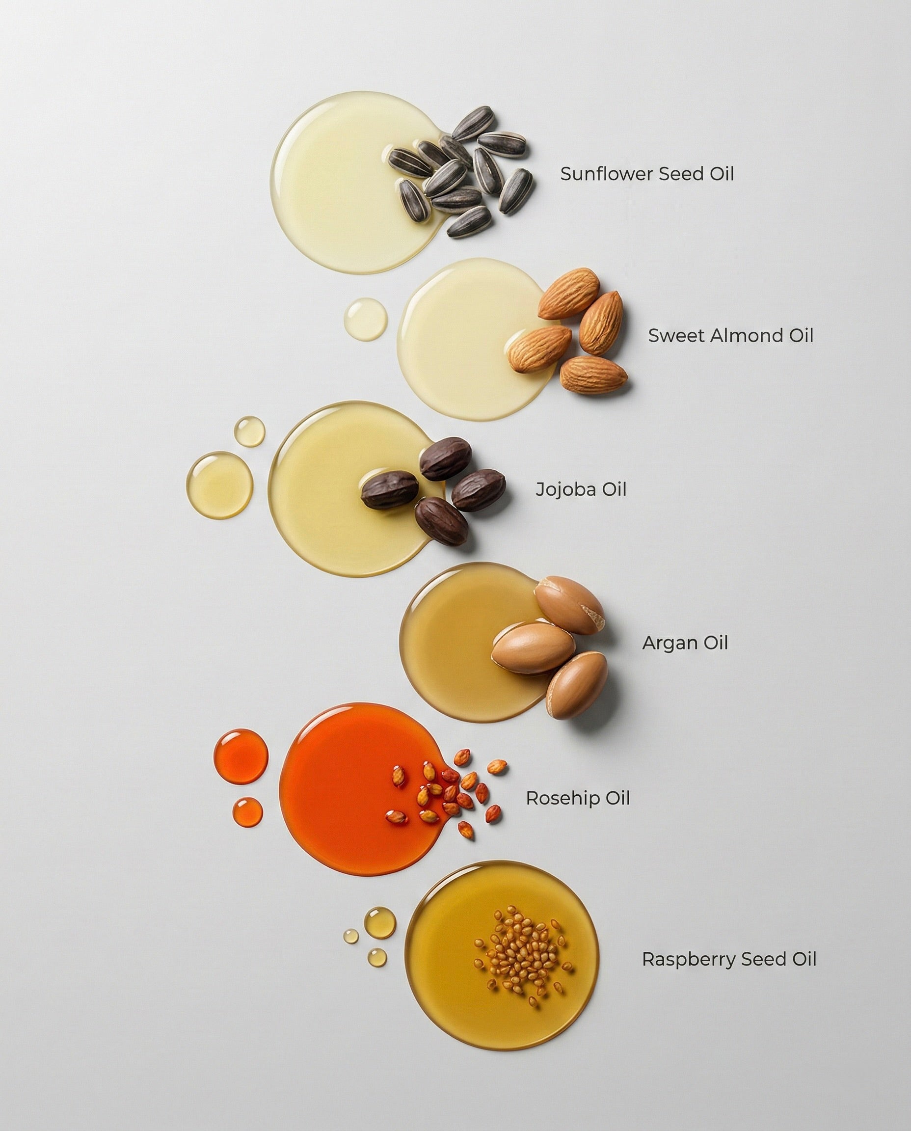 Various types of oils with their corresponding seeds on a light gray background