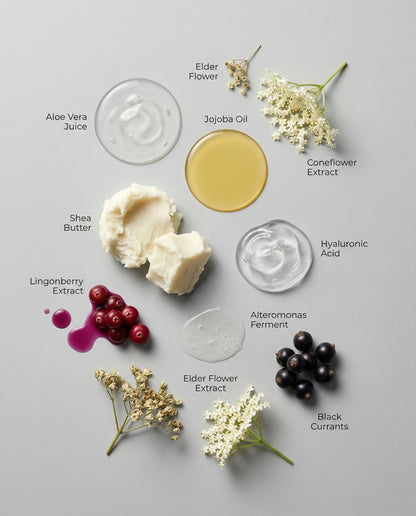 Collection of natural ingredients including aloe vera juice, elder flower, jojoba oil, shea butter, lingonberry extract, black currants, and hyaluronic acid on a gray background.