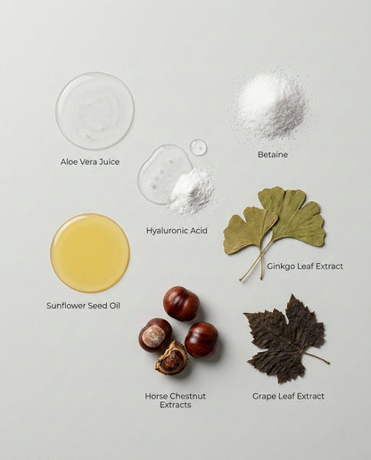 Ingredients including Aloe Vera Juice, Betaine, Hyaluronic Acid, Sunflower Seed Oil, Ginkgo Leaf Extract, Horse Chestnut Extracts, and Grape Leaf Extract on a light gray background.