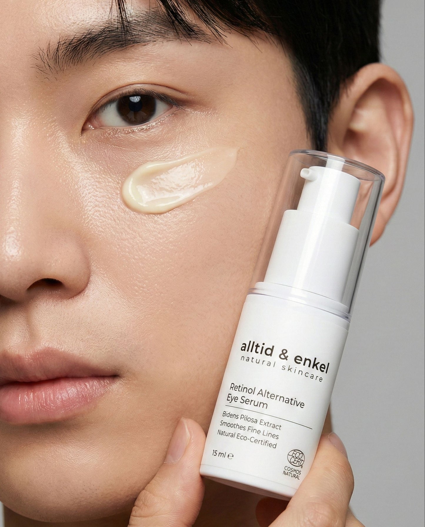 Person applying skincare product to face with 'alltid & enkel' serum visible