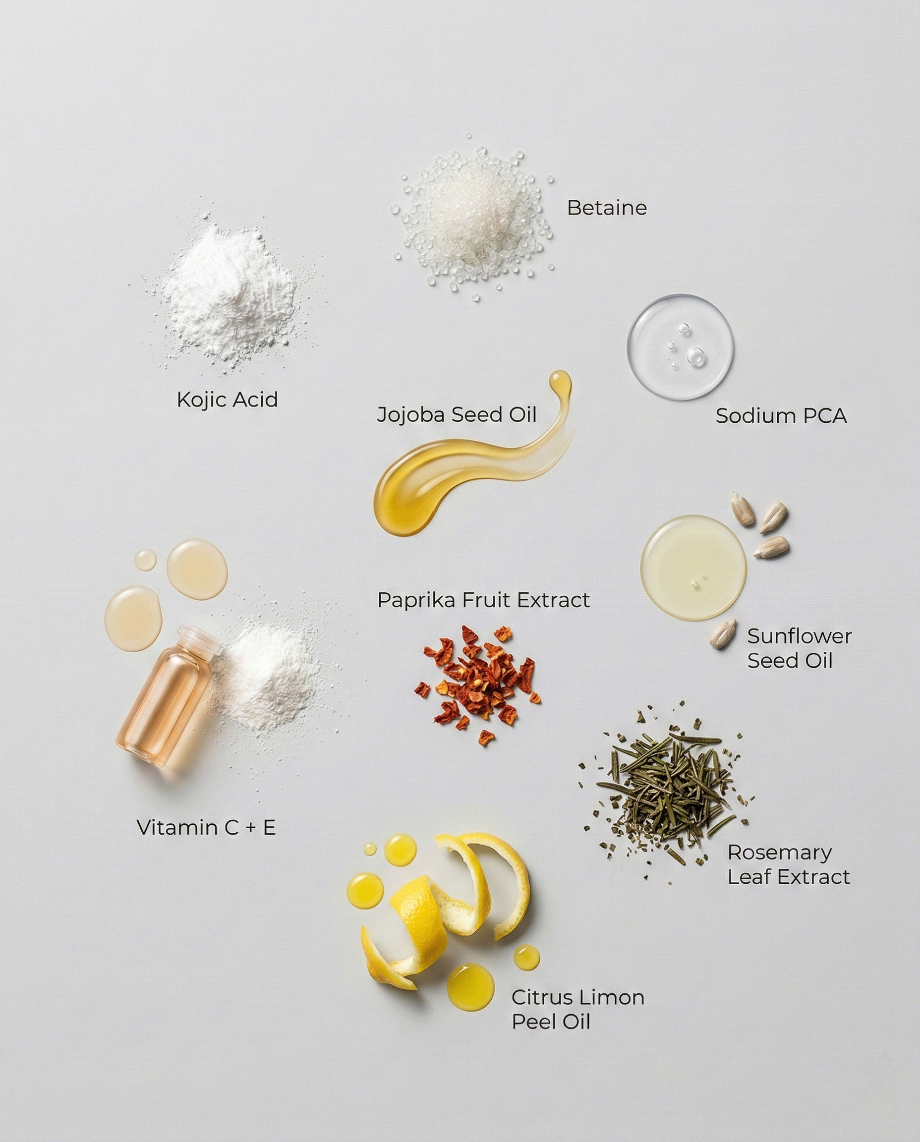 Various skincare ingredients with labels on a light gray background