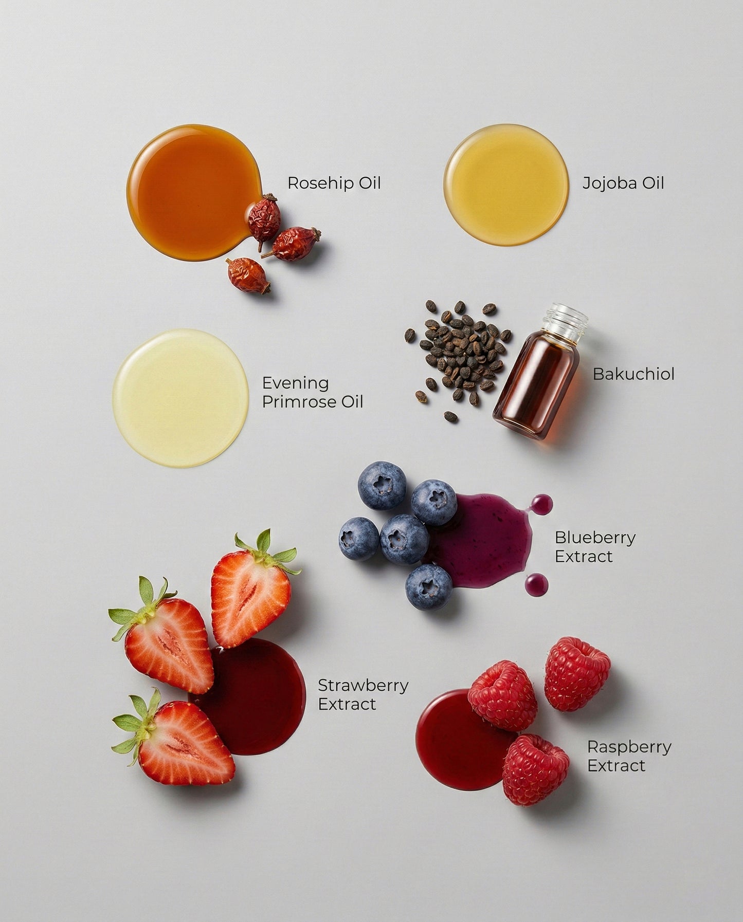 Collection of skincare ingredients including oils and extracts on a light gray background