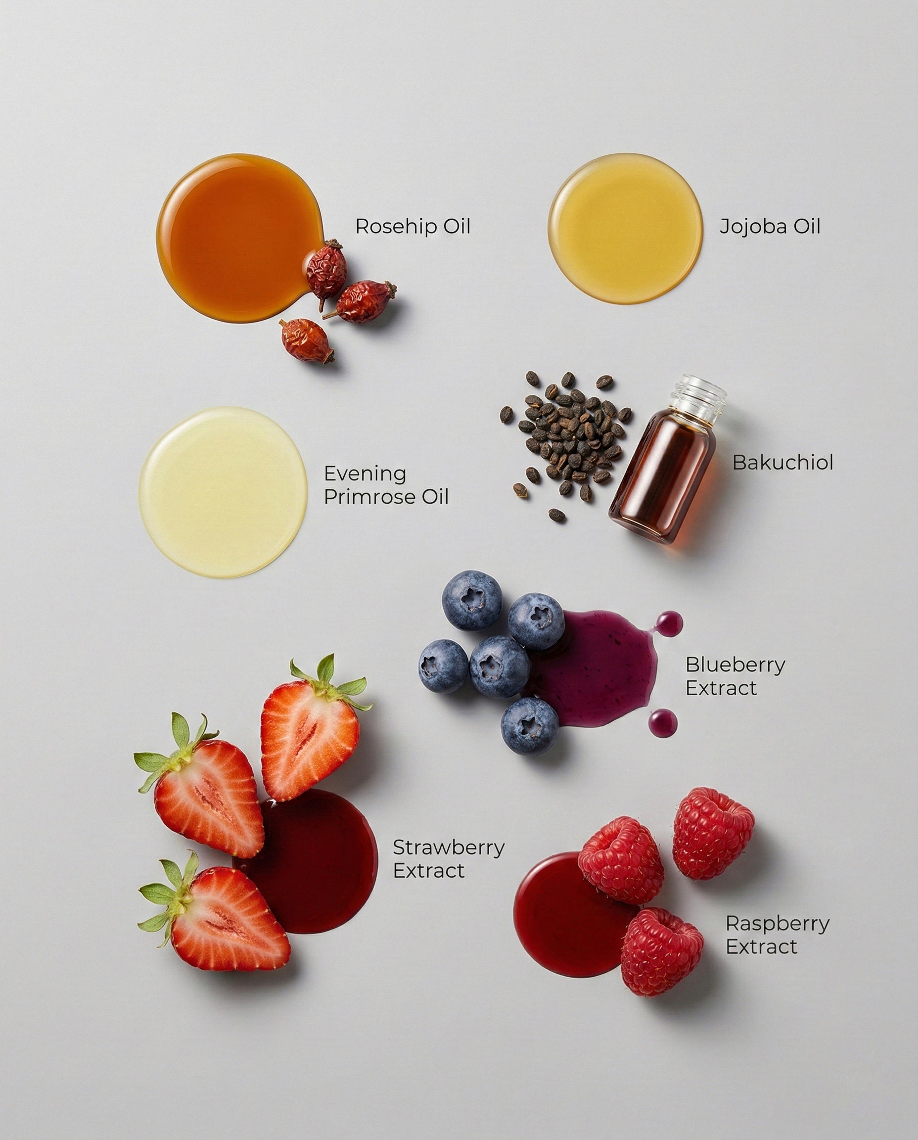 Collection of skincare ingredients including oils and extracts on a light gray background