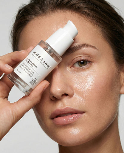Person holding a skincare bottle labeled 'alltid & enkel' near their face against a neutral background