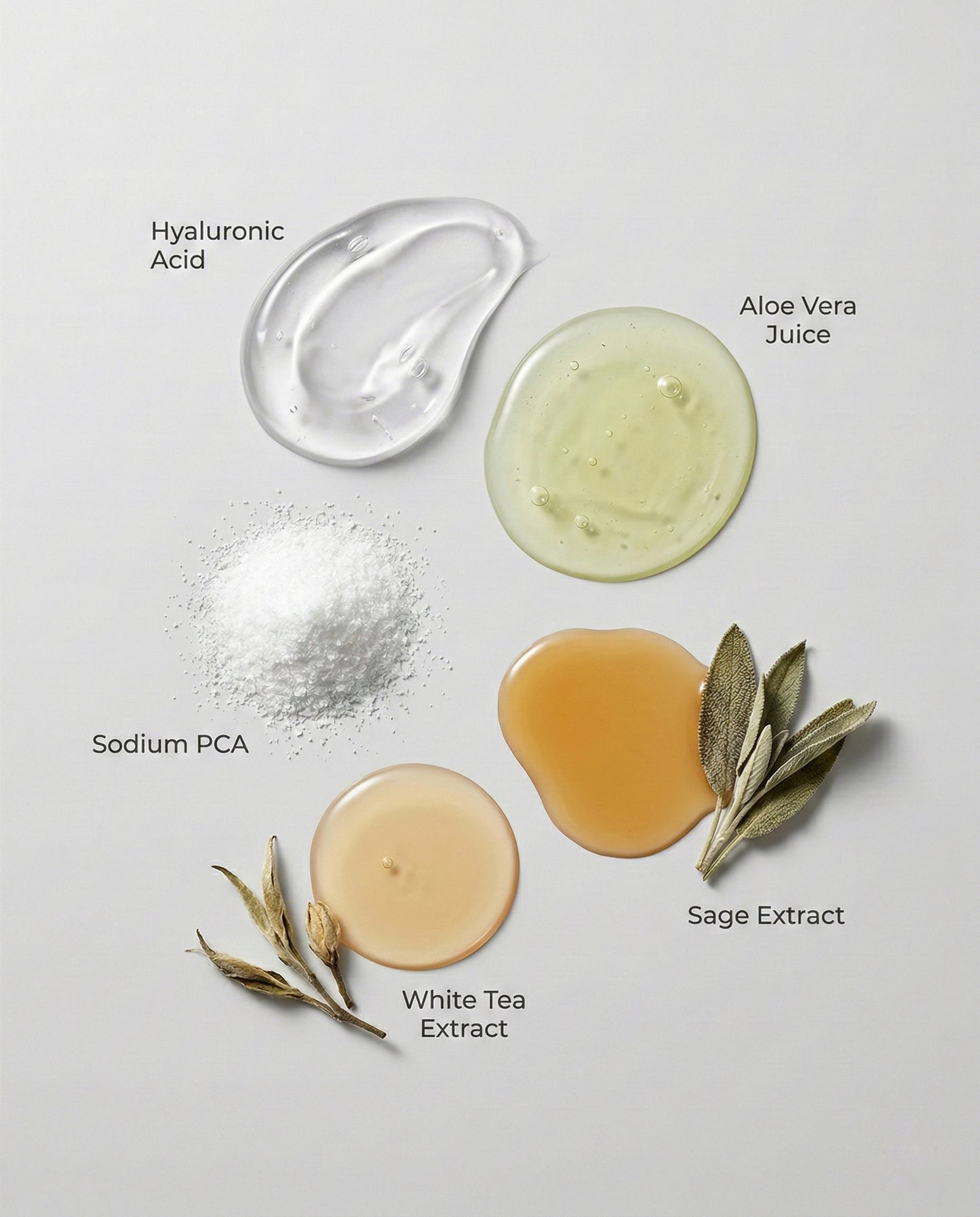 Various skincare ingredients including Hyaluronic Acid, Aloe Vera Juice, Sodium PCA, White Tea Extract, and Sage Extract on a light gray background.