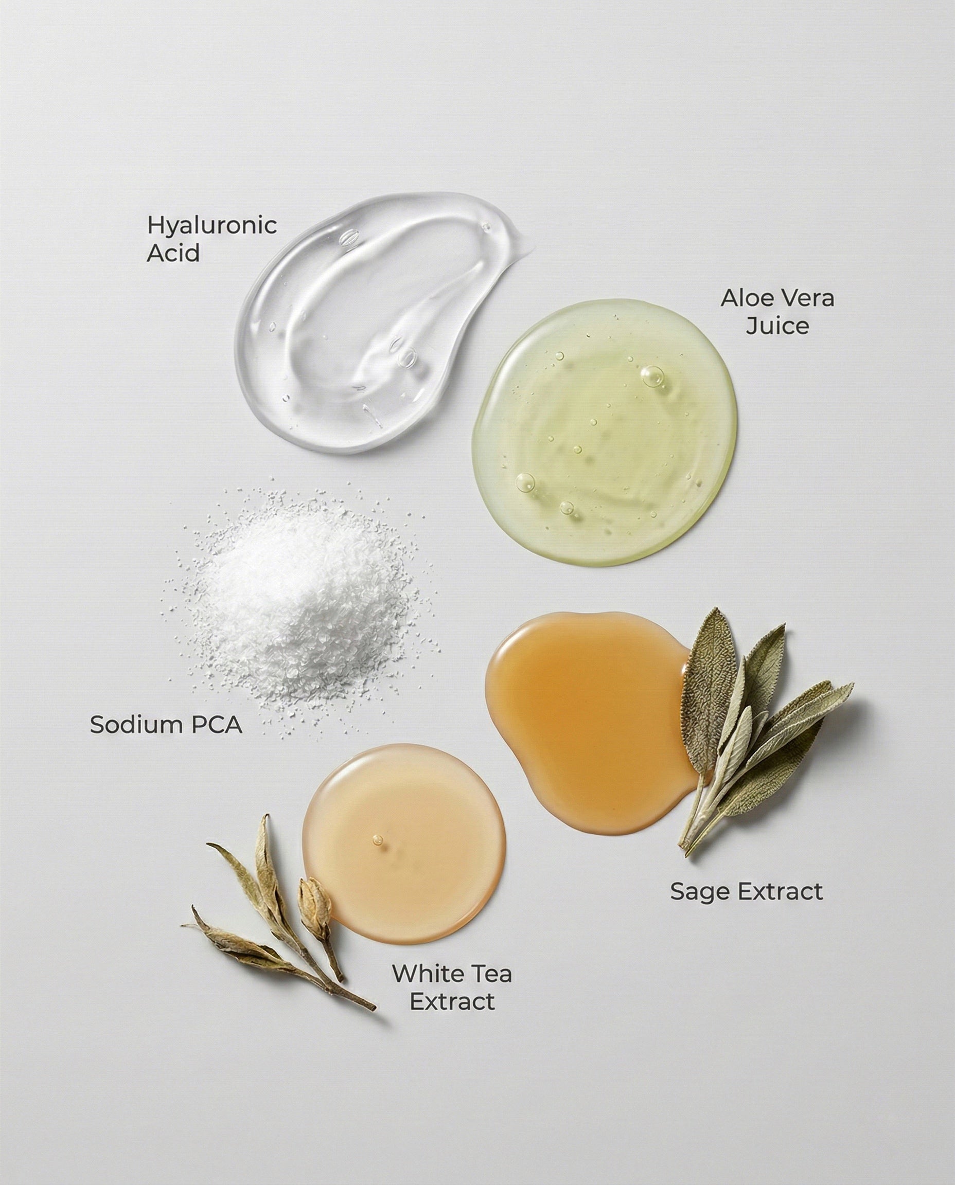 Various skincare ingredients including Hyaluronic Acid, Aloe Vera Juice, Sodium PCA, White Tea Extract, and Sage Extract on a light gray background.