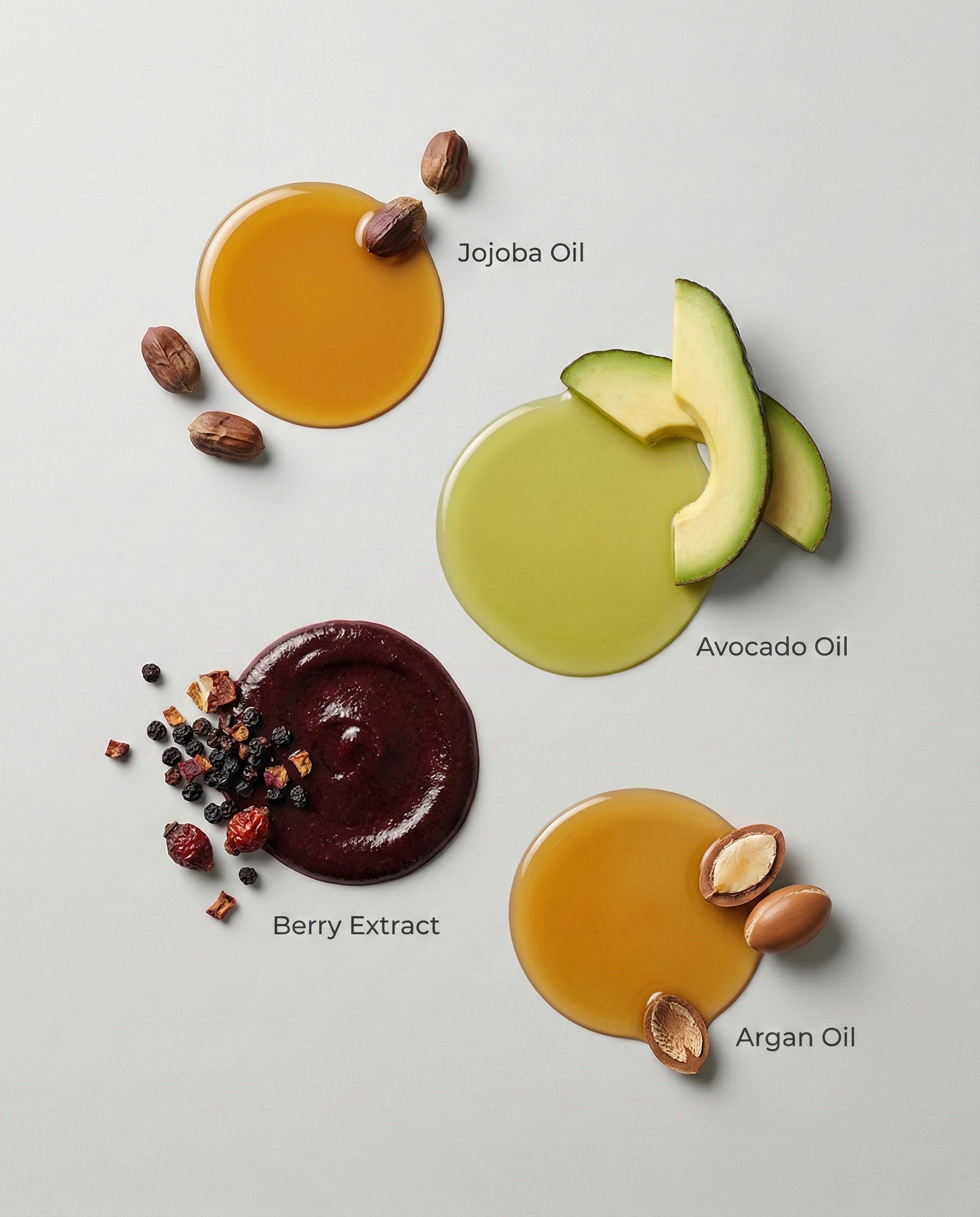 Four types of oils and extracts on a light gray background with labels underneath.