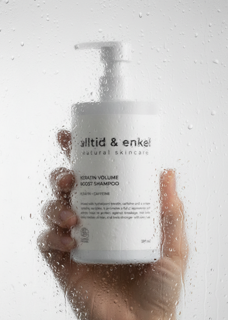 Hand holding a bottle of 'alltid & enkel' shampoo against a blurred background